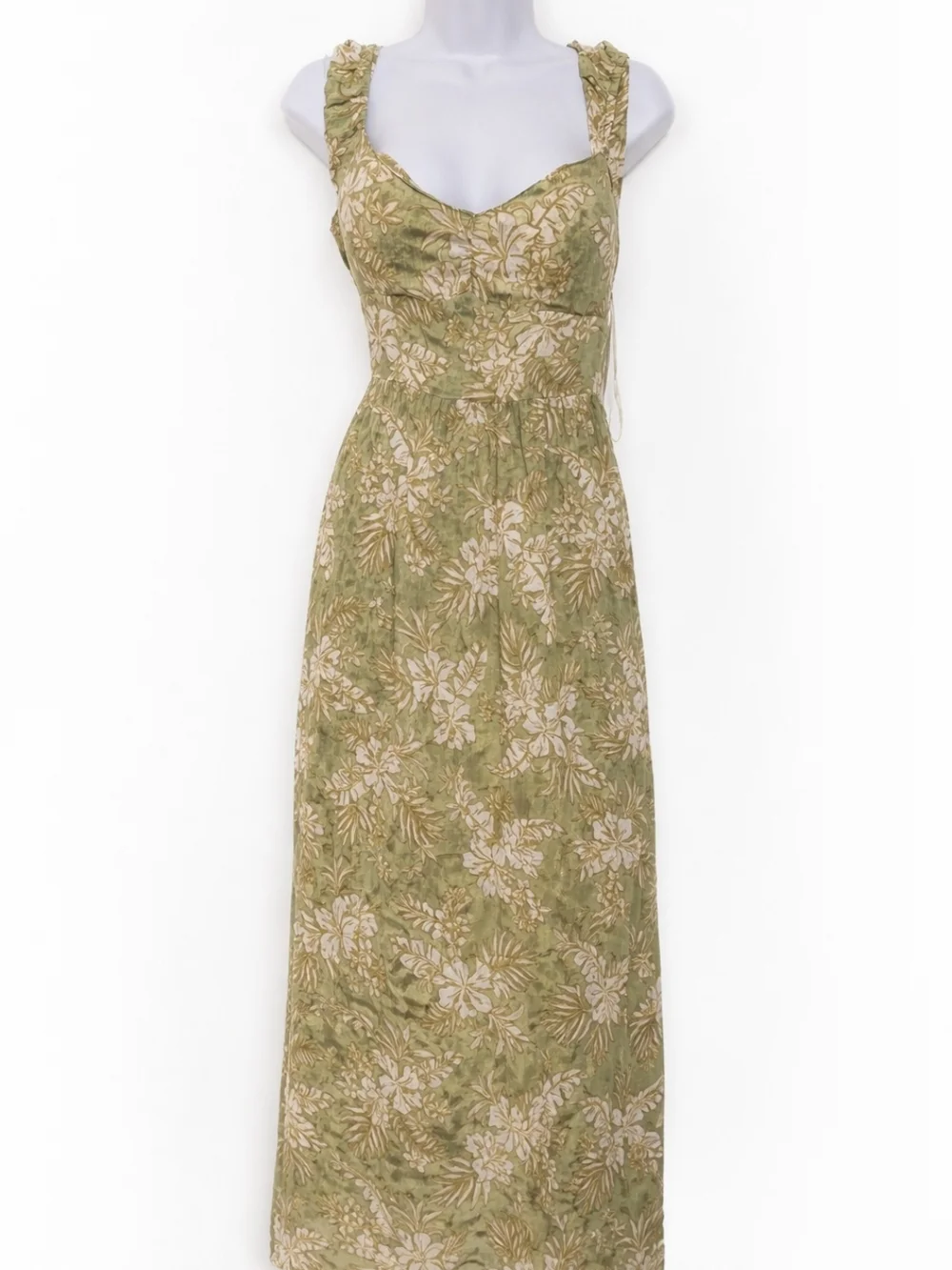 Sage Green Floral Maxi Dress Size Large Rayon Tropical Resort Summer Sundress - Picture 2 of 8